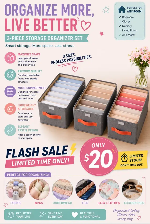 New 3 Foldable Storage Boxes – With Lids & Handles