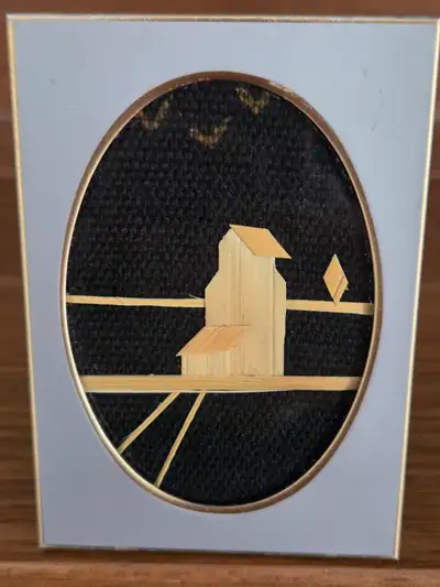 Folk Art Wheat Straw Grain Elevator Image Glass and Metal Frame 2.25 x 3 inches