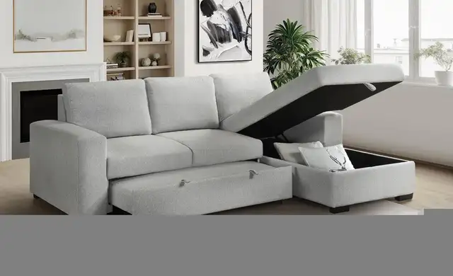 Fabric sectional sofa and chaise with hide-a-bed and storage in Couches & Futons in Vancouver - Image 4