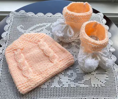 One-of-a-Kind Hand Knit Baby Hat & Booties Set#5 (Peach Cable), View more