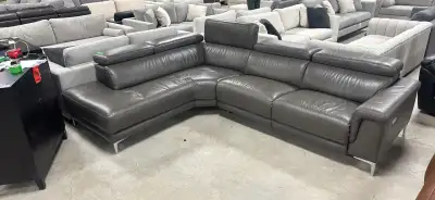 Top grain leather demo sectional with chaise and console, View more