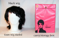 Vintage wig, foam head, carry box, black short synthetic hair, S