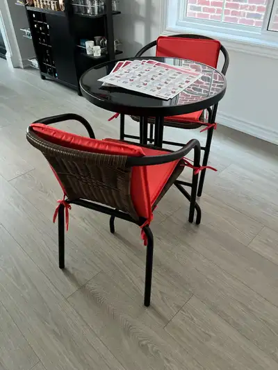 Black tempered glass table with two wicker chairs, View more