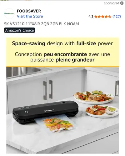 FoodSaver Space-Saving Vacuum Sealer Model: SK VS1210 11"X8'R 2QB 2GB BLK NOAM Saves space and helps...