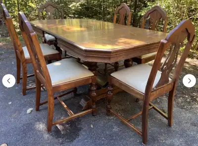 1940 Solid Oak Table & 6 Chairs Set (leaf insert) $2000 or Trade, View more