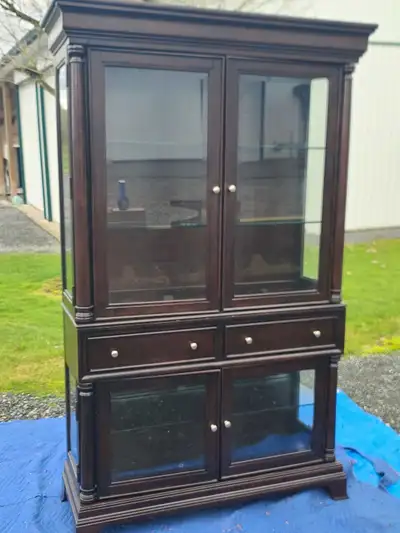 Dark Wood Display Cabinet with Glass Doors and Drawers, View more