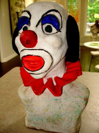 Large CLOWN HEAD BUST sculpted clay TOO COOL! very heavy CREEPY