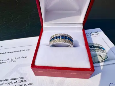 #609 - 14kt White Gold, Sapphire & Diamond Band, Size 7, View more