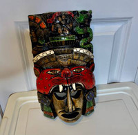 Vintage Wooden Mask Wall Art Mayan Hand Carved Hand Painted