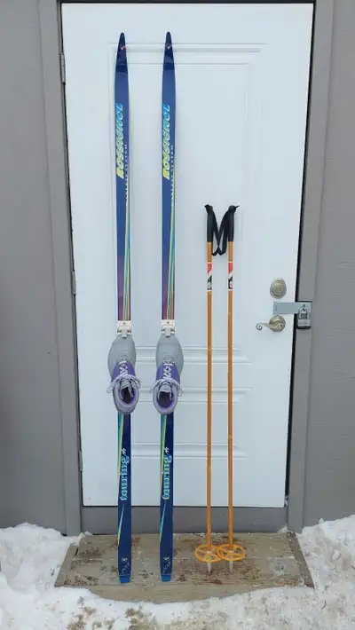 Rossignol 205cm waxless cross country skis with boots EU43 poles, View more