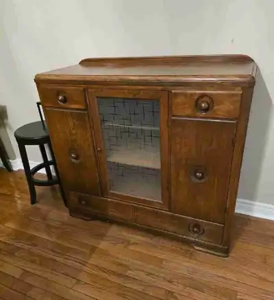 Antique wood hutch with glass door, View more