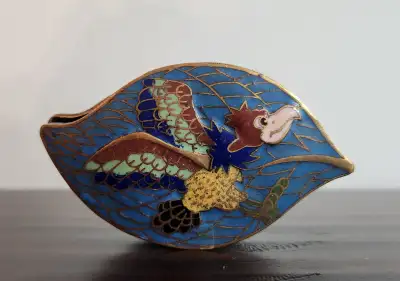 Vintage Cloisonné Enamel and Brass Jewelry Box, Trinket Box, Depiction of a Flying Bird Cloisonné, i...