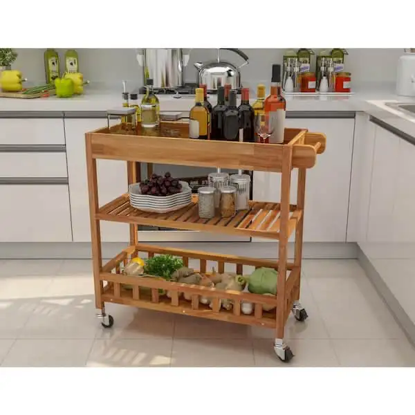 3 Tier Large Solid Acacia Kitchen Cart, Golden Teak in Hutches & Display Cabinets in City of Toronto - Image 4