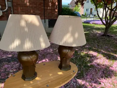 2 Brass table lamps -with pleated shades -art deco - 1’ 3” height