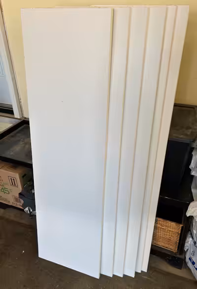$5 each board or $25 for the lot of boards and rails. 6 white melamine shelf boards 14-3/8” wide X 4...