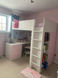 Loft bed, white pale pink/with desk with 4 drawers, Twin