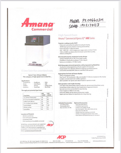 Used Commercial Oven Amana ARX2 Commercial Xpress IQ series