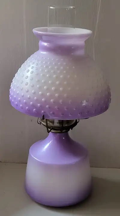 Rare! Vintage Purple Violet Milk Glass Hobnail Retro Oil Lamp, View more