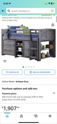 Twin loft bed set with 3 dresser and shelf units, and mattress