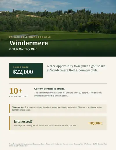 Windermere Golf and Country Club Share, View more