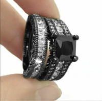 Luxury Double Row Women Black Gold Black Sapphire Ring Set