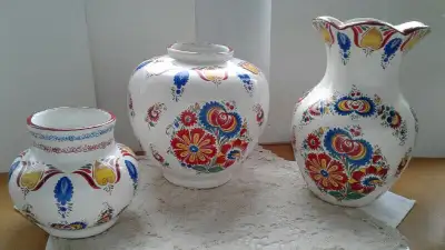 from private collection Beautiful colorful ceramic flower vases hanpainted in Canada by European art...
