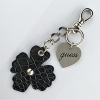GUESS Key Chain, Bag Charm, Clover Leaf, Black Leather