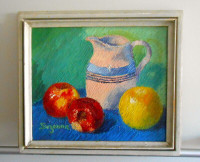 Tableau Peinture à l'Huile Vintage au Pichet et Pommes - Encadré