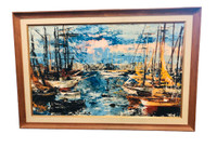 Vintage 1970s Large Signed Abstract Ship themed Artwork