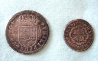 TWO SPANISH COINS . Philip V Reales, 172? AND 1728.