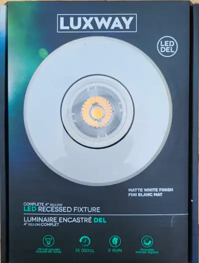 43 4" recessed fixtures. Brand New Unopened. 8W GU-10 3000K dimmable bulbs included. These recessed...