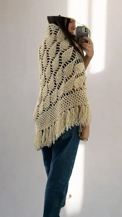 Vintage Handmade Triangular Crotchet Fringe Shawl, View more