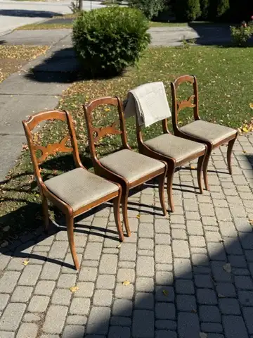 Set of 4 Solid Wood Dining Chairs - Carved Backs, New Fabric, View more