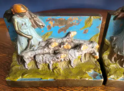 Antique 1922 Armor Bronze polychrome Girl and Flock shepherdess, View more