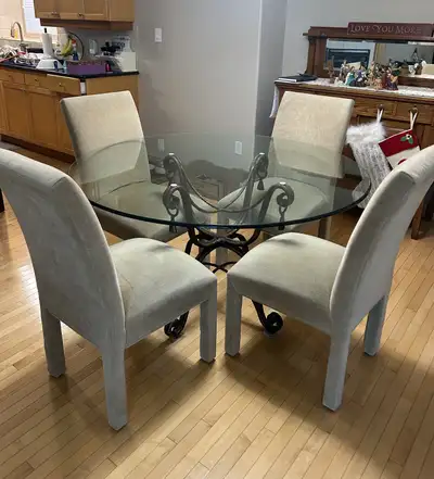 Beautiful 56” diameter glass dining room table and chairs, View more