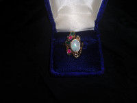 Gold Ring - Opal, Emeralds and Ruby stones - size 8-8.5 ring