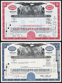 2x PanAm - Pan American World Airways Stock Certificates