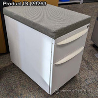 White Cushion Pedestal File Cabinet w/ Tan Fabric Top