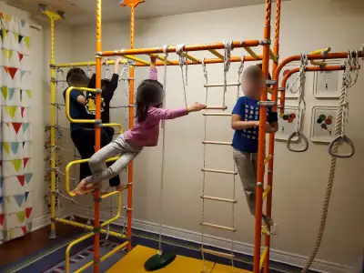 Playground includes: Ladder Curved Ladder Monkey Bars Rope Ladder Gymnastic Rings Hanging Trapeze Ba...