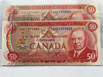 1975 Canada $50 RCMP Lawson/Bouey 2 Consecutive Serial Numbers, View more
