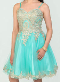 Royal Turquoise & Gold Laced Short Prom Dress