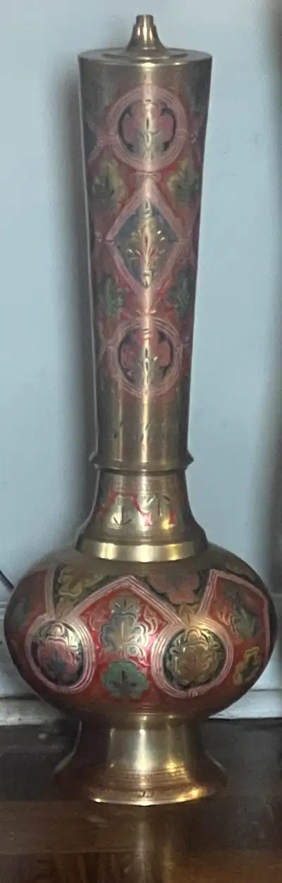 Vintage Brass Vase with Enamel Design, View more