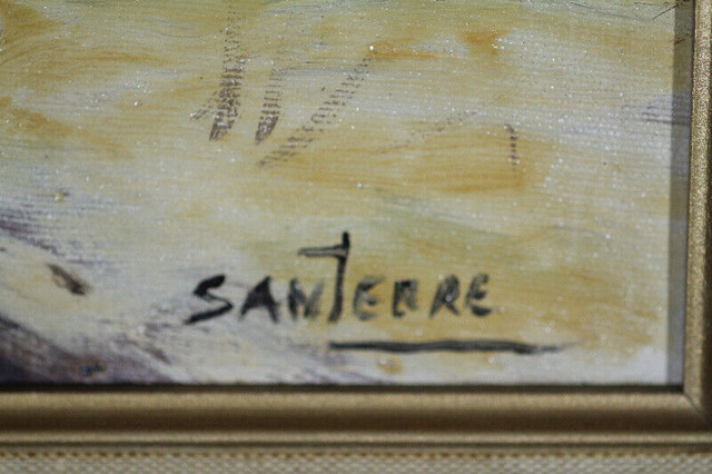 Santerre artiste huile paysage neige maison chemin arbres nuages dans Art et objets de collection  à Longueuil/Rive Sud - Image 2