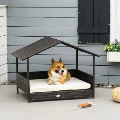 Elevated Rattan Dog House Outdoor with Canopy, Wicker Dog Bed wi, View more