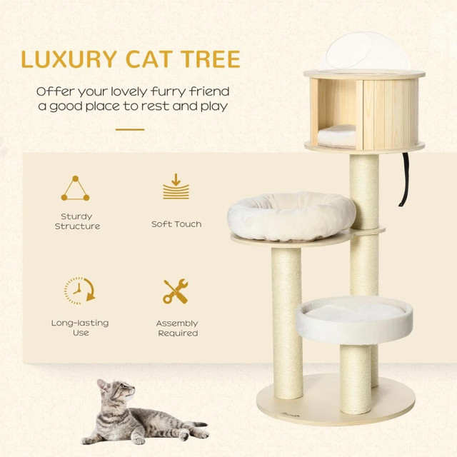 55" Cat Tree, Wood Cat Tower for Indoor Cats with Scratching Pos in Accessories in Markham / York Region - Image 2