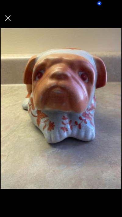 Large Vintage Antique ceramic pug dog with gold inlays. This is in incredible shape, no marks or chi...