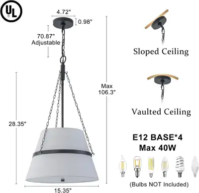 Modern Drum Chandelier - 4 Light White Linen Pendant for Dining, View more