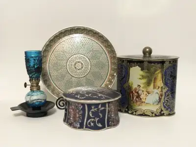 Vintage-Mid Century Decor: Oil Lamp. Trays, Dishes, Confection, View more