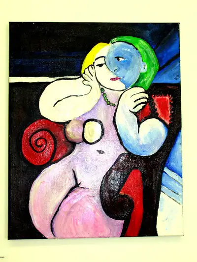 Tribute to Pablo Picasso: Nude Woman in Red Chair (16 x 20 inches) 3D Sculpture Mixed Media Art with...