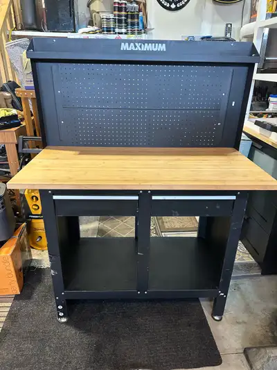 MAXIMUM workbench with butcher block top, pegboard, and drawers, View more